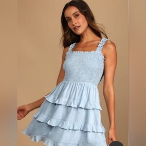 NWT Lulus Super Sweet Light Blue Smocked Ruffled Tie-Back Mini Dress
